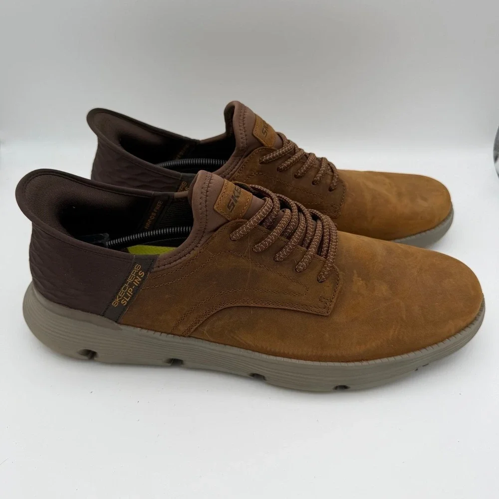 Men's Skechers Garza Gervin Brown Leather Casual Hands Free Slip-Ins Size 14